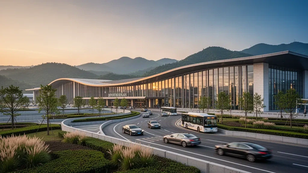 Modern glass terminal exterior at Dazhou Jinya Airport in Sichuan at golden hour, with drop-off lanes, vehicles and green hills beyond
