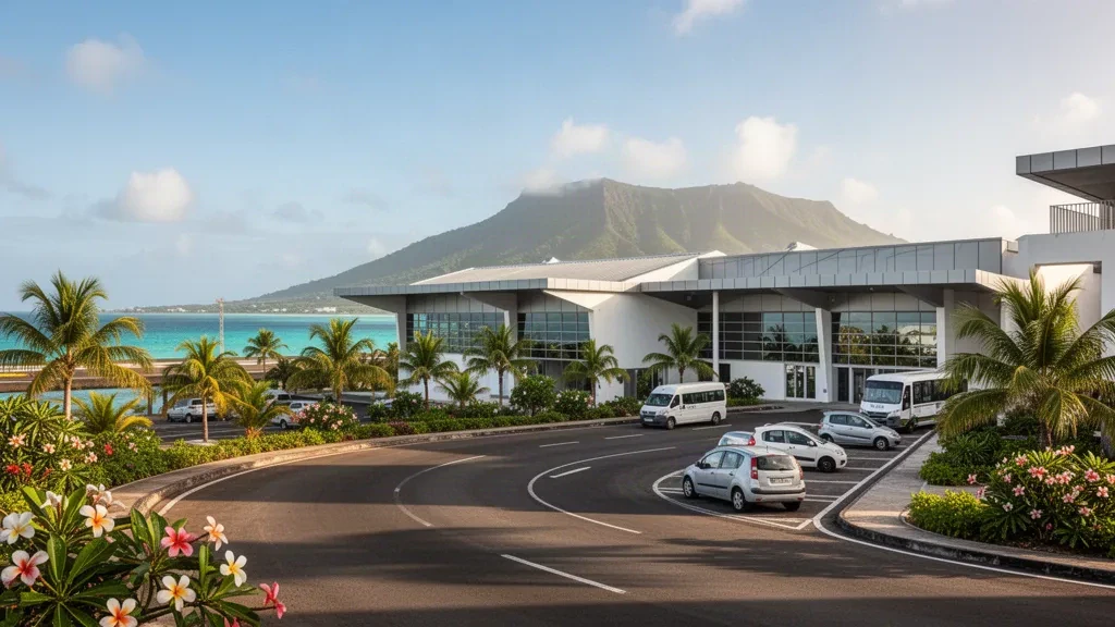 Modern tropical terminal exterior at Dzaoudzi-Pamandzi International Airport in Mayotte with ocean views and clear skies