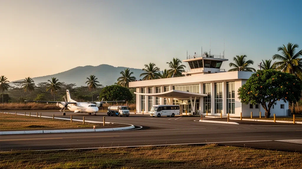 Pequeña terminal regional blanca en el Aeropuerto Las Flores en Codazzi, Colombia, con un turbohélice en la plataforma durante la hora dorada