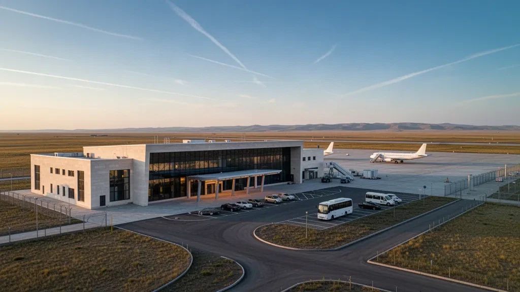 Modernes Glasterminal des Flughafens Schesqasghan in der kasachischen Steppe zur goldenen Stunde, mit offenem Himmel und sauberem Raum für ein Reise-Hero-Layout.