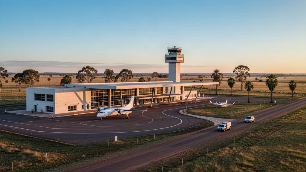 Vista a la hora dorada de la terminal de baja altura, la plataforma y la torre de control del Aeropuerto Internacional Santa Bernardina en Durazno, Uruguay