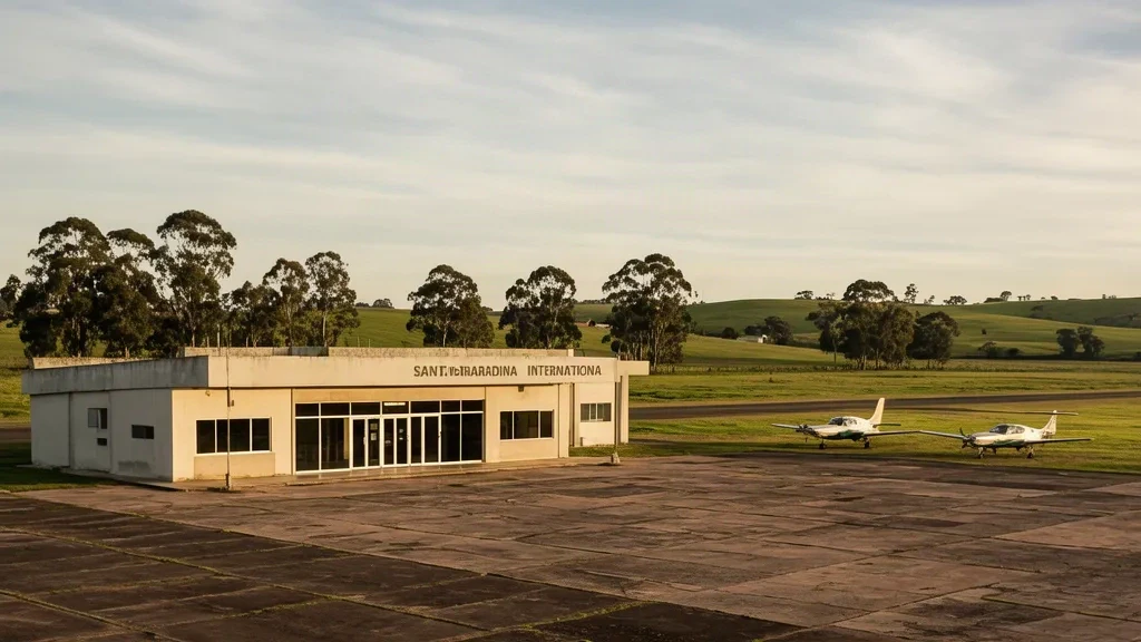 Bâtiment terminal modeste et aéronefs légers stationnés sur l'aire de stationnement de l'aéroport international Santa Bernardina près de Durazno, en Uruguay