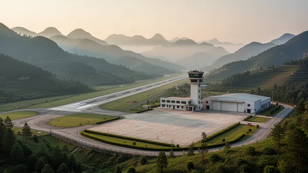 Base aérienne de Dazu près de Chongqing avec une longue piste en béton, une tour de contrôle basse et des collines verdoyantes brumeuses au lever du soleil