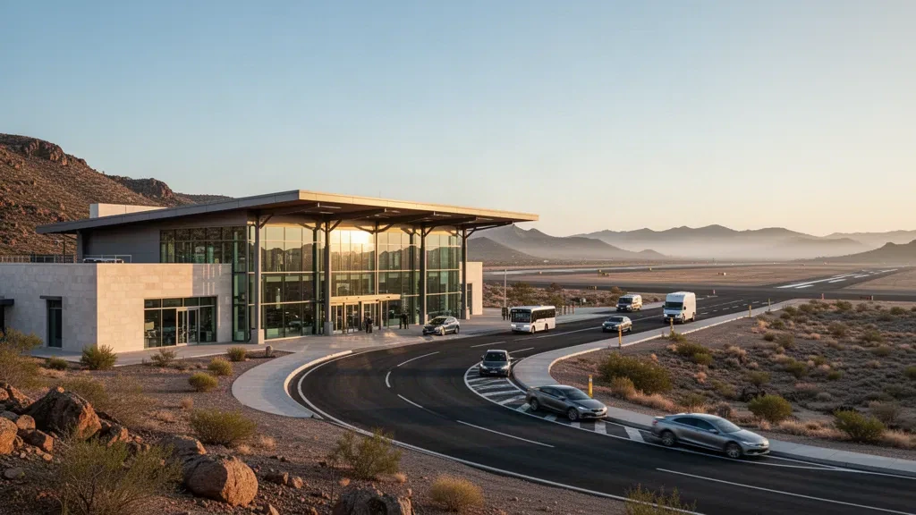 Modern low-rise Abs Airport terminal with glass facade, curved drop-off road and runway under warm late-afternoon light