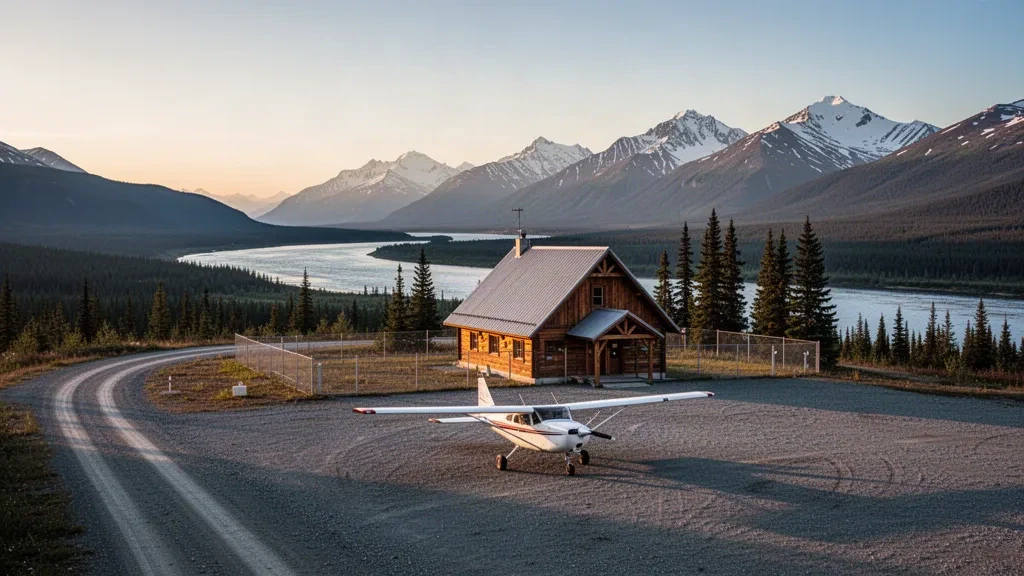 Pista in ghiaia, terminal in legno e aereo da bush presso Eagle Airport in Alaska, incorniciati dalla foresta di abeti della valle del fiume Yukon e dalle montagne