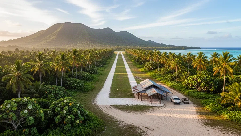 Tropical island airstrip at Siwo Airport on Emae Island, Vanuatu, with palm trees, open-air terminal and soft morning light
