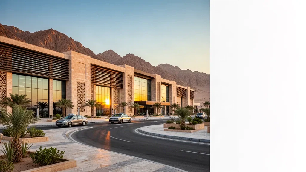 Terminal moderne en grès et voie de dépose à l'aéroport domestique de Najran en Arabie saoudite, avec les montagnes du désert à l'heure dorée