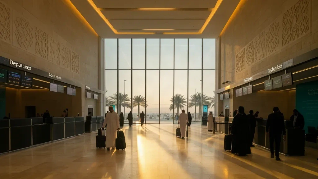 Hall d'enregistrement spacieux à l'intérieur de l'aéroport domestique de Najran, avec une lumière chaude, des murs en pierre et des voyageurs se dirigeant vers les portes d'embarquement