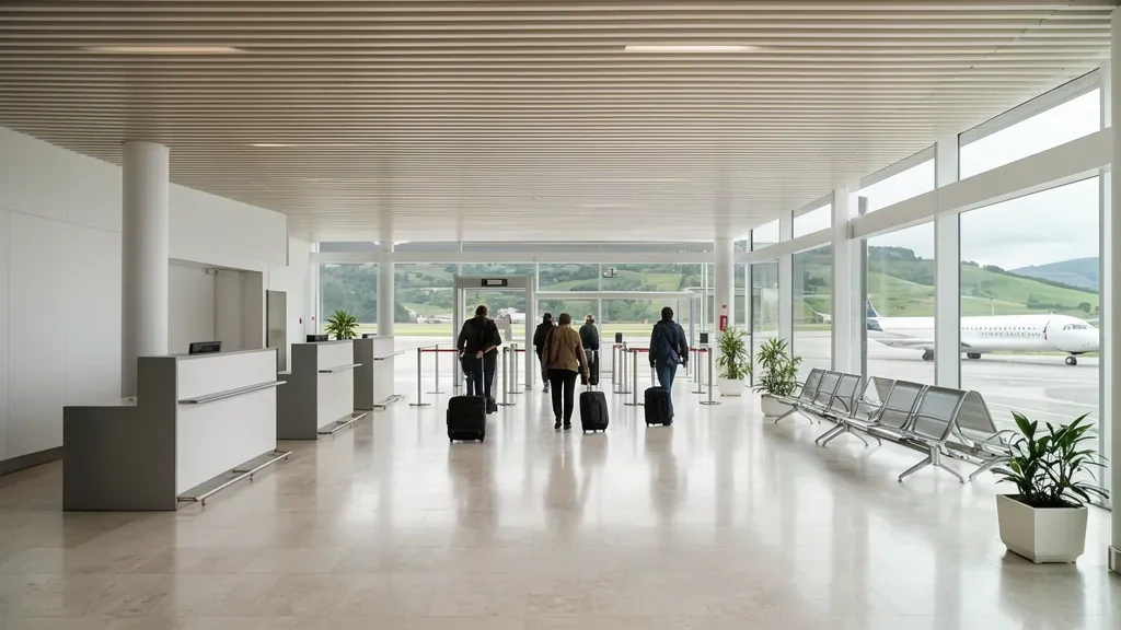 Interno della sala partenze dell'aeroporto di San Sebastián (EAS) a Hondarribia, Paesi Baschi, con viaggiatori e luce naturale attraverso le vetrate del terminal