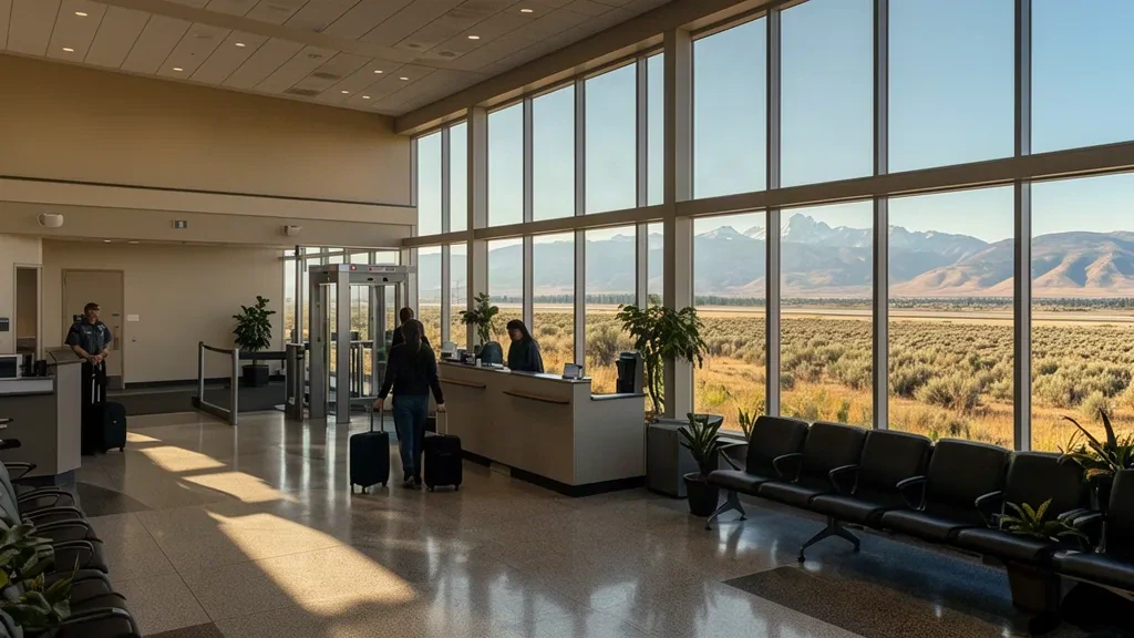 Intérieur lumineux du terminal de l'aéroport Pangborn Memorial à East Wenatchee, Washington, avec comptoirs d'enregistrement, sièges et vues sur la vallée.