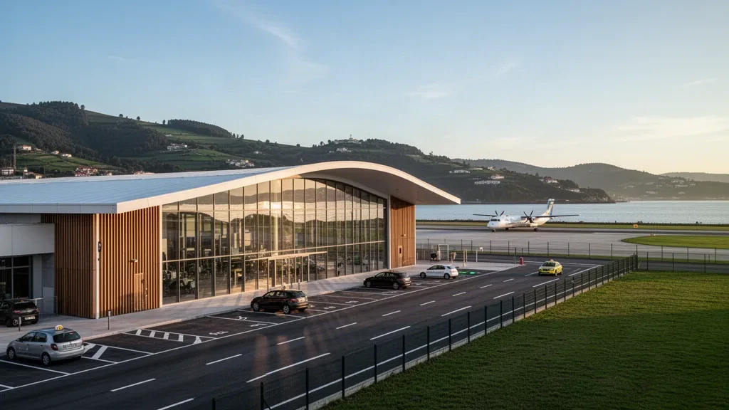 Bask Bölgesi, Hondarribia'daki San Sebastián Havalimanı'nda altın saatlerde tepeler ve yolcu indirme şeridi ile modern cam ve ahşap terminal dış cephesi.