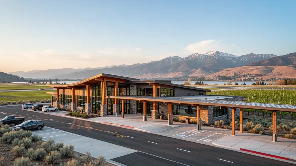 Terminal moderno e corsia di scarico all'Aeroporto Pangborn Memorial di East Wenatchee, Washington, durante l'ora d'oro