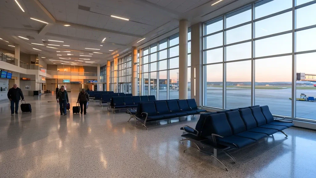 Interno del terminal del Chippewa Valley Regional Airport a Eau Claire, Wisconsin, con posti a sedere e viste sul campo di aviazione.