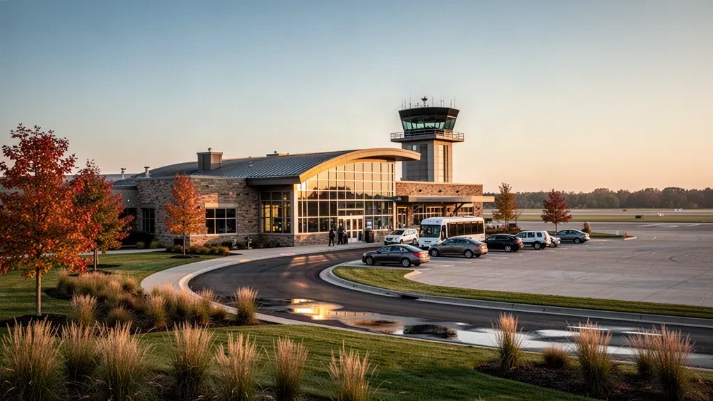 Eau Claire, Wisconsin'deki Chippewa Valley Regional Havaalanı'nda altın saatlerde cadde üzeri bırakma şeridi bulunan modern cam terminal binasının dış görünümü