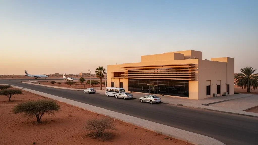 Modern terminal and forecourt of El-Obeid Airport in Sudan under a warm late-afternoon Sahelian sky