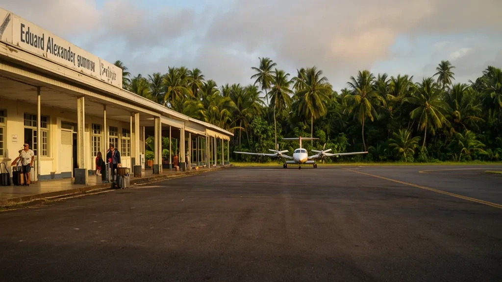 Pequeña terminal tropical en el Aeropuerto Eduard Alexander Gummels en Surinam, con un avión bimotor y una pista bordeada de palmeras durante la hora dorada.