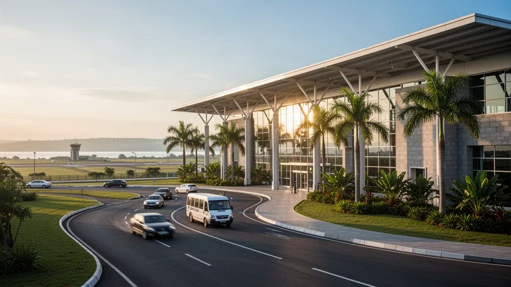 Terminal moderna de cristal y carriles de embarque tropicales en el Aeropuerto Internacional de Entebbe en Uganda durante la hora dorada