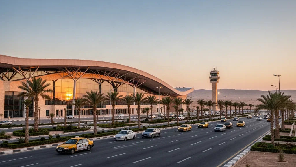 Esterno moderno in vetro del terminal dell'Aeroporto Internazionale di Erbil durante l'ora d'oro, con corsie di sosta e strade di accesso alberate di palme