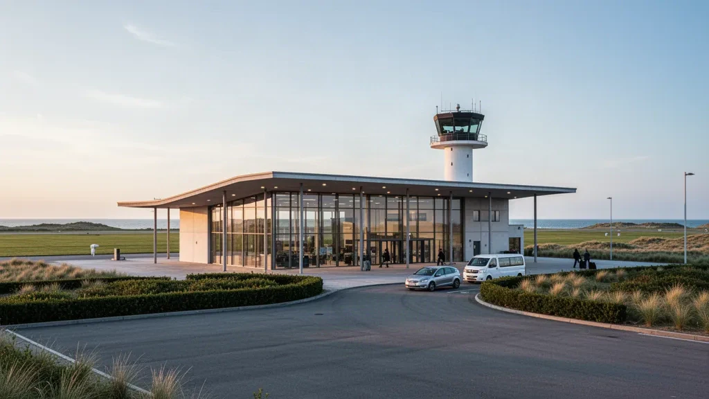 Low-rise glass terminal, control tower and drop-off lane at Esbjerg Airport in Denmark in warm golden-hour coastal light