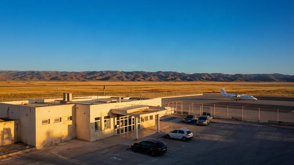 Niedriges, sandfarbenes Terminal und ruhiges Vorfeld am Flughafen El Bayadh in Algerien unter einem weiten Himmel der Wüstenhochebene.