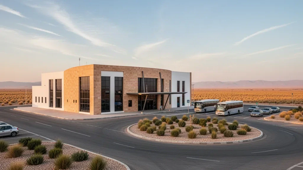 Edificio terminal moderno en el aeropuerto de El Bayadh, en Argelia, enmarcado por un paisaje de altiplanicie semiárida durante la hora dorada