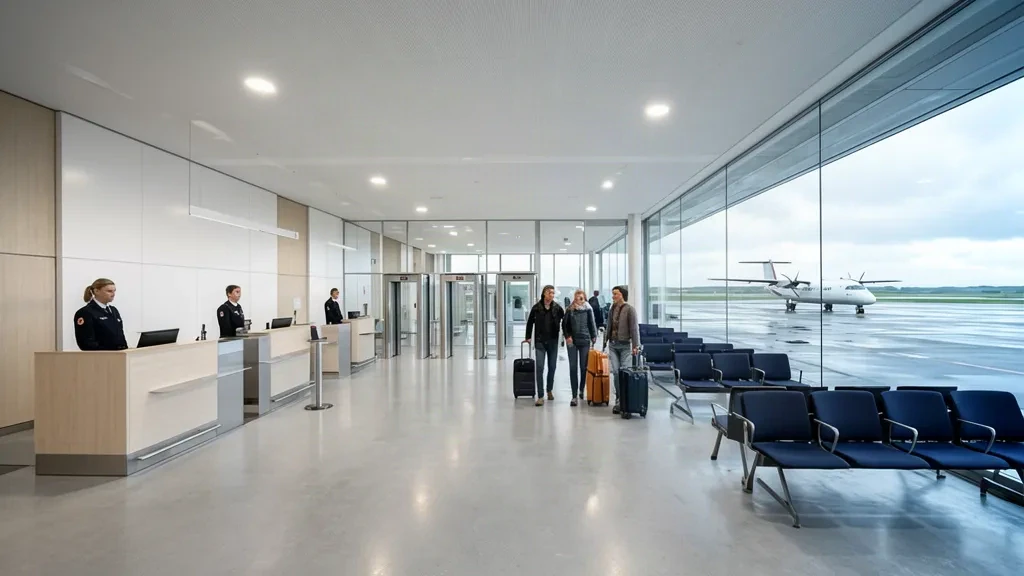 Innenansicht des Terminals des Flughafens Esbjerg in Dänemark mit Check-in-Schaltern, Wartesitzen und Glaswänden mit Blick auf das Vorfeld