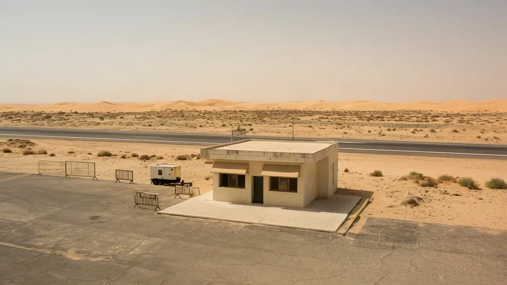 Pequeño edificio terminal desértico y plataforma del aeropuerto de El Borma EBM, en el sur de Túnez, bajo un cielo sahariano despejado