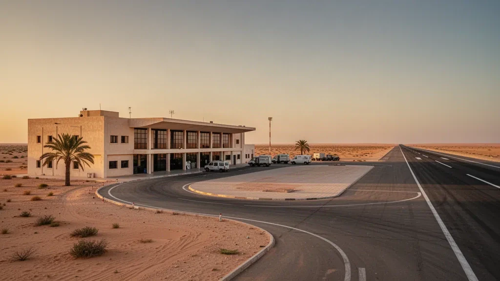 Terminal et piste désertiques de l'aéroport d'El Borma, dans le sud de la Tunisie, sous la lumière dorée du Sahara