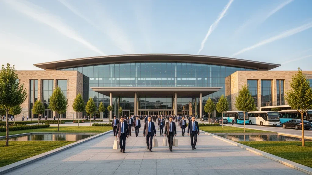 Exterior view of a modern exhibition centre in Bursa, Turkey, hosting the Food Point food and beverage fair 2026.