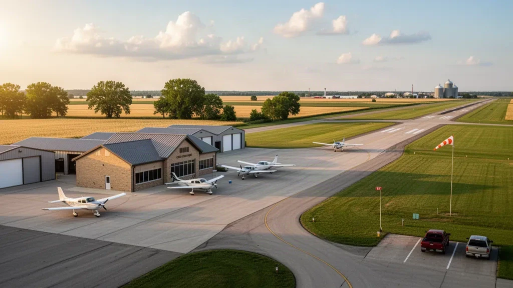 Piccoli aerei monomotore parcheggiati sul piazzale dell'aeroporto municipale di Webster City, in Iowa, con hangar, pista e terreni agricoli sotto un cielo di tardo pomeriggio.