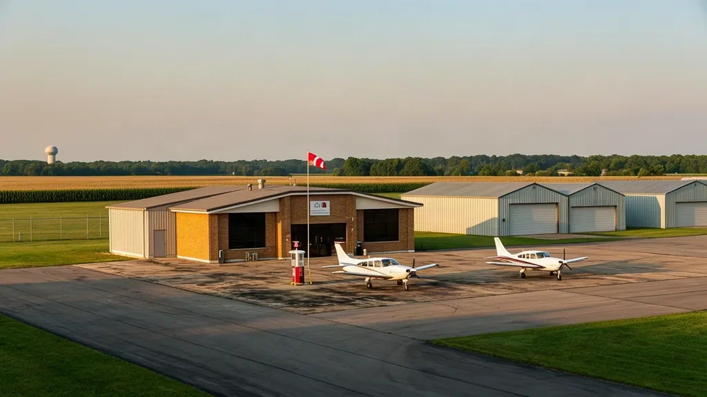 Piccolo terminal per l'aviazione generale e piazzale degli aeromobili presso l'aeroporto municipale di Webster City, in Iowa, sotto un ampio cielo limpido di prateria