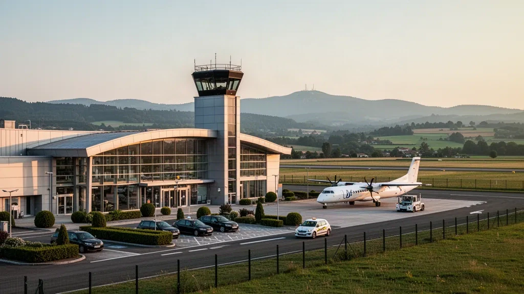 Exterior moderno de cristal de la terminal del aeropuerto de Saint-Étienne-Bouthéon con un turbohélice en la plataforma y las colinas del Forez en la hora dorada