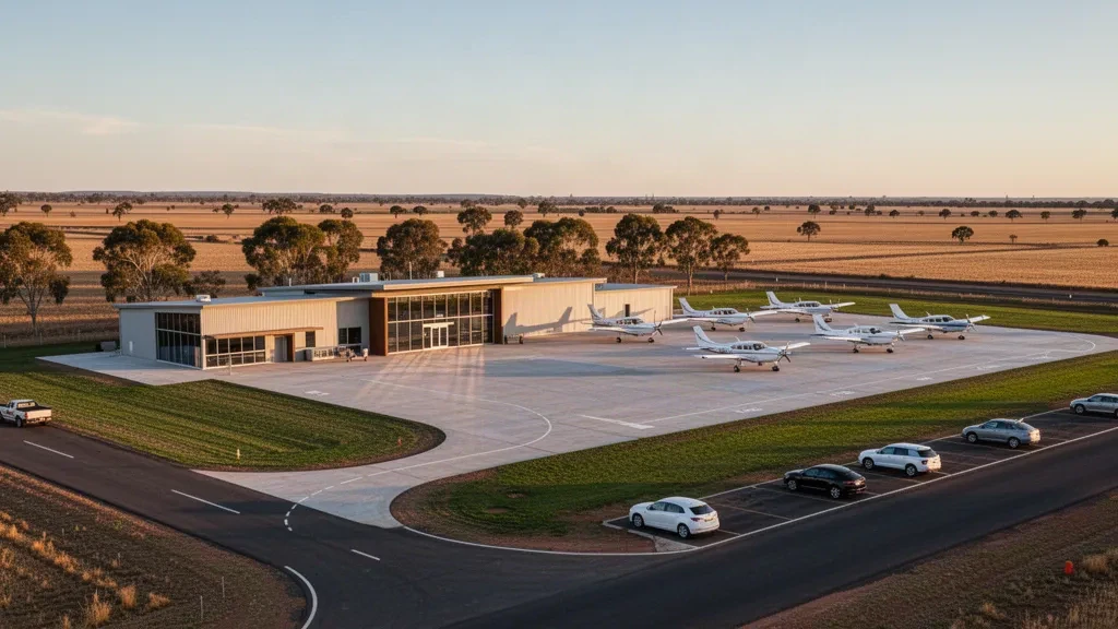 Petit terminal d'aérodrome régional et aire de stationnement avec des aéronefs légers à l'aéroport d'Echuca dans l'État de Victoria, en Australie, à l'heure dorée