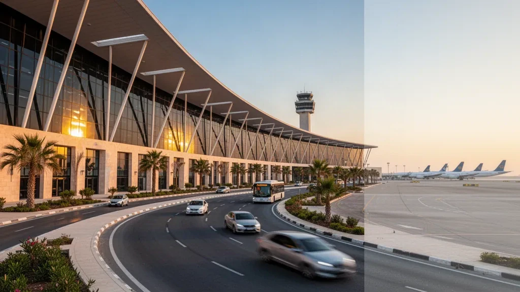 Terminal moderna de cristal y carretera curvada de acceso en el Aeropuerto Internacional de Ercan, en el norte de Chipre, durante la hora dorada