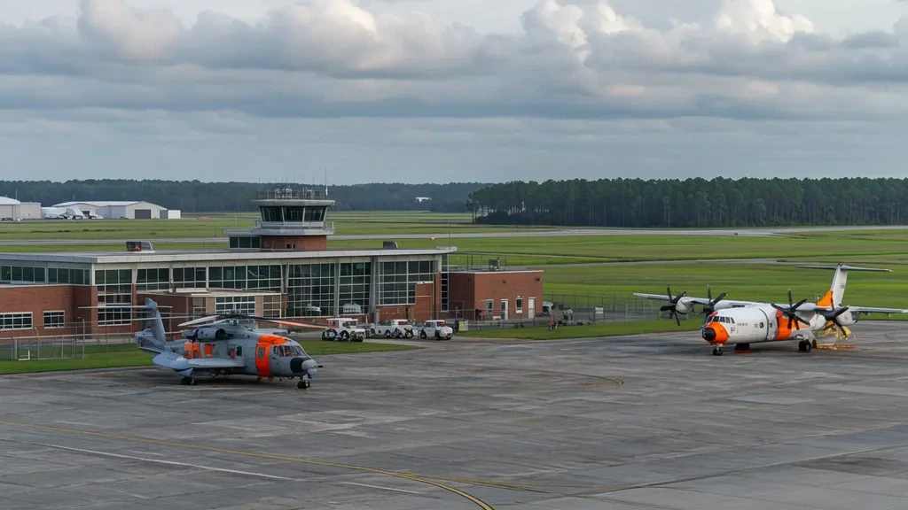 Hélicoptères de la Garde côtière et un aéronef de secours stationnés sur l'aire de trafic devant le terminal de l'aéroport régional d'Elizabeth City en Caroline du Nord