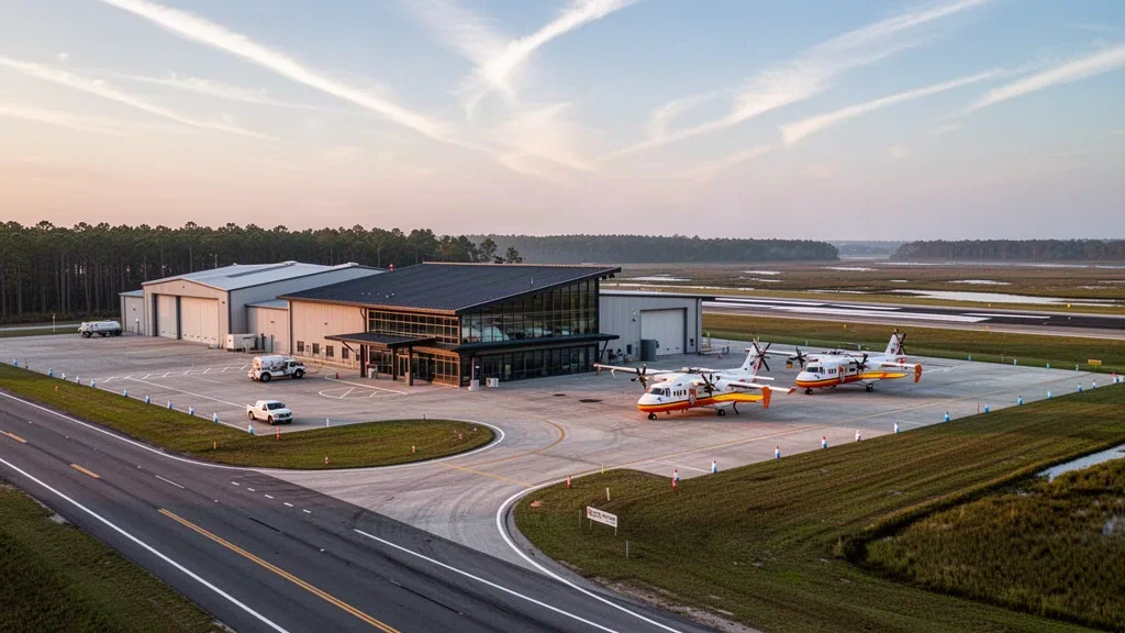 Terminal moderno, corsia di sosta e aereo di soccorso all'aeroporto di Elizabeth City Regional durante l'ora d'oro