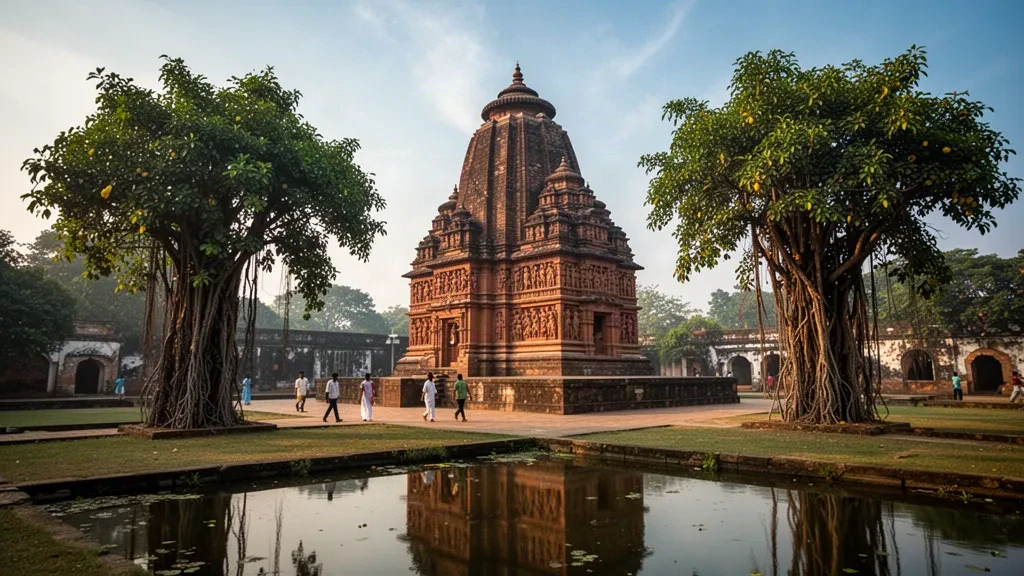 Carved terracotta temples of Puthia Rajbari in Rajshahi, Bangladesh, lit by warm late-afternoon light beside a reflective pond