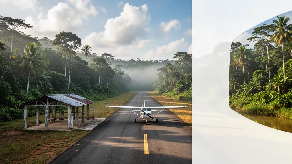 Small single-engine aircraft parked on the rainforest airstrip at El Encanto Airport in the Colombian Amazon under warm afternoon light