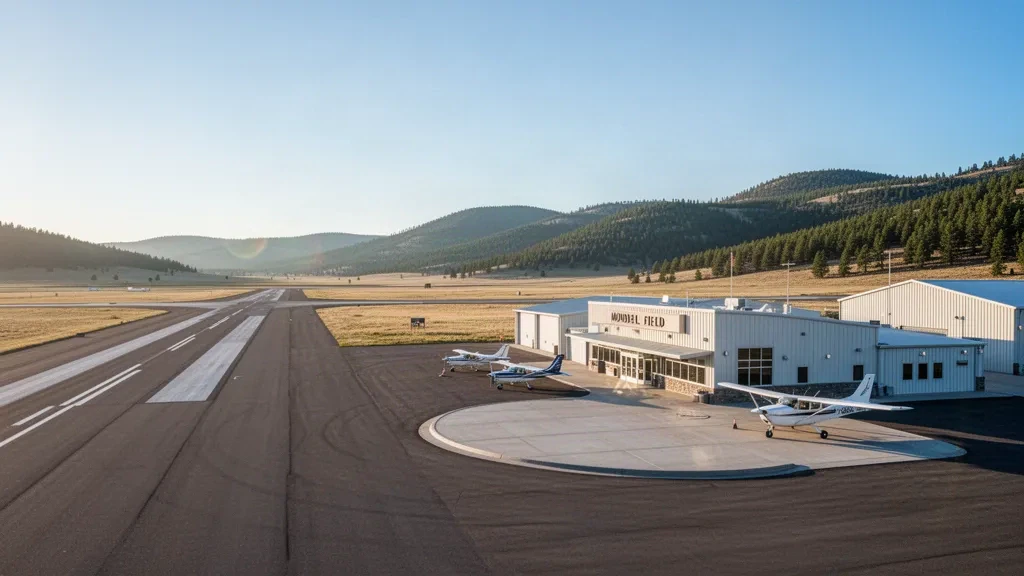 General-Aviation-Terminal, Start- und Landebahn und geparkte Flugzeuge am Mondell Field Airport in Newcastle, Wyoming, unter einem klaren Himmel zur goldenen Stunde.
