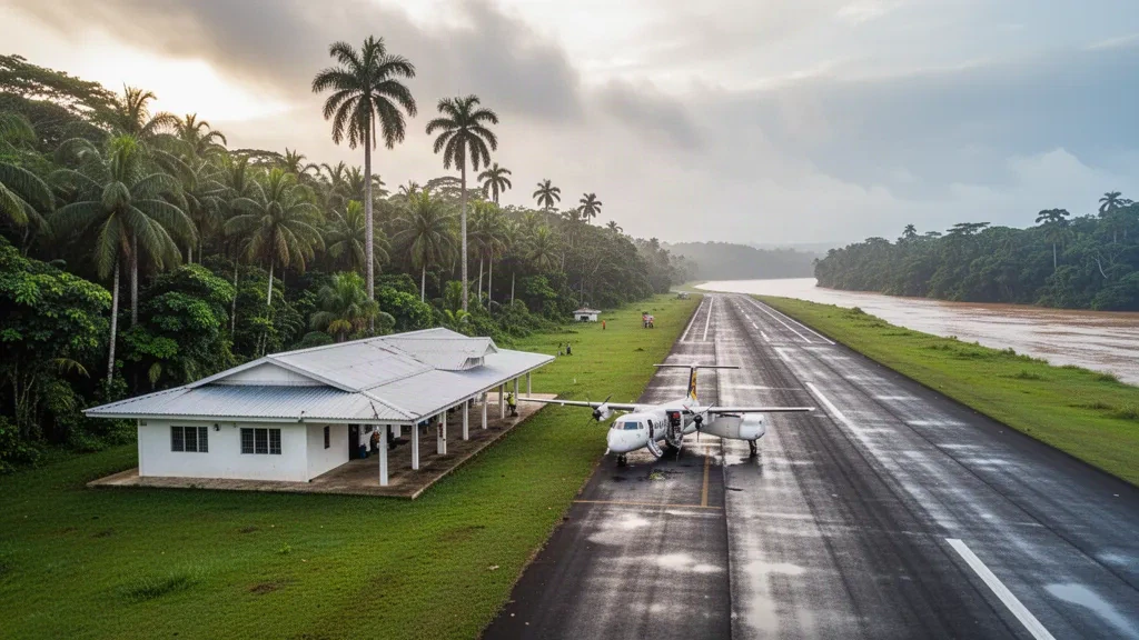 Pequeña pista tropical y terminal modesta en el Aeropuerto El Charco, en Nariño, Colombia, rodeados de selva del Pacífico