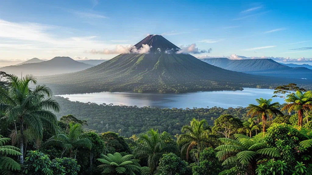 Il Vulcano Arenal che si erge sopra la rigogliosa foresta pluviale costaricana vicino a La Fortuna con il Lago Arenal e la luce del mattino