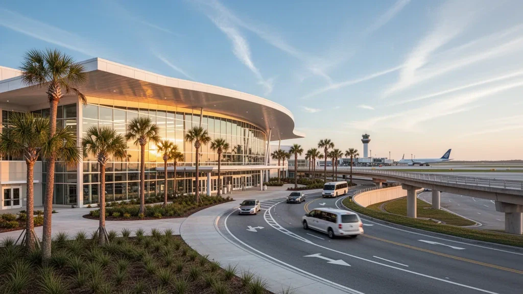 Moderne Glasfassade des Terminals am Northwest Florida Beaches International Airport nahe Panama City Beach zur goldenen Stunde