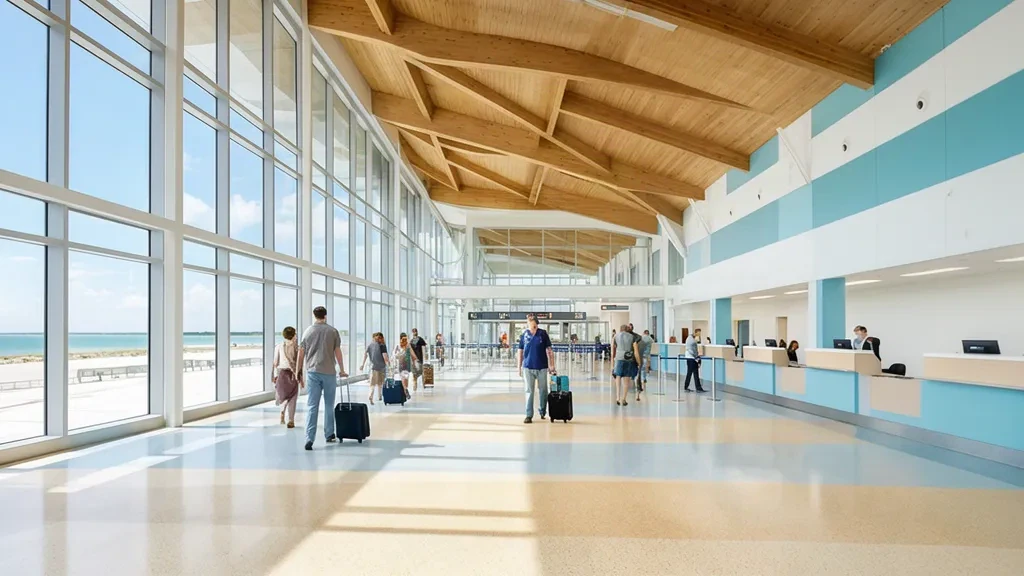 Innenbereich des Terminals des Northwest Florida Beaches International Airport ECP mit Reisenden und Tageslicht
