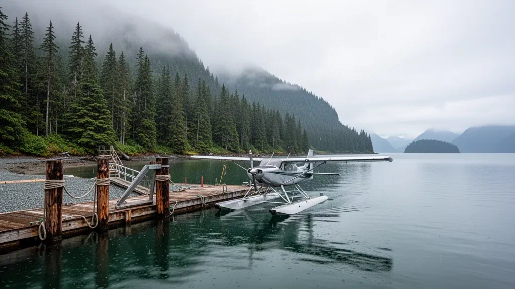 Hidroavión amarrado en un muelle de madera sobre aguas tranquilas en Edna Bay, Alaska, con costa boscosa de islas y montañas brumosas