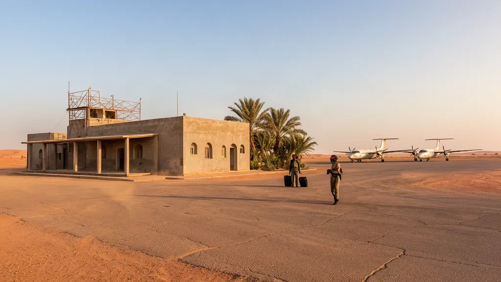 Small desert terminal building and apron at Al Dabbah Airport in Sudan's Northern State under warm late afternoon light