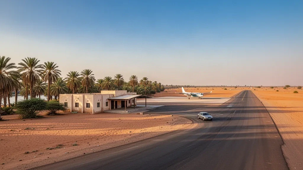 Aeroporto di Al Dabbah nello Stato Settentrionale del Sudan con una breve pista desertica, un edificio terminal basso e palme nell'ora d'oro