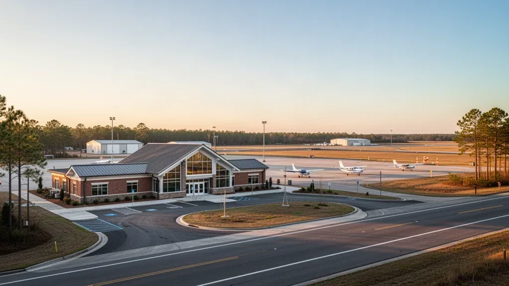 Vista durante la hora dorada de la terminal y la plataforma de aviación general del Aeropuerto Regional Northeastern en Edenton, Carolina del Norte.