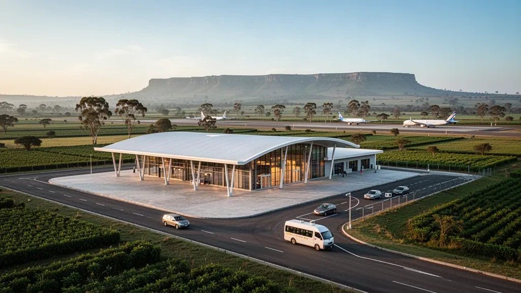 Modern glass terminal and drop-off lanes at Eldoret International Airport in Kenya's green highlands at golden hour