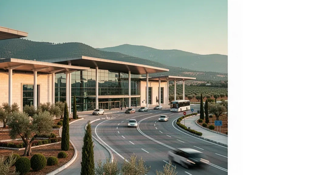 Modernes gläsernes Terminal und Zufahrtsstraße am Flughafen Balıkesir Koca Seyit in Edremit, Türkei, aufgenommen zur goldenen Stunde