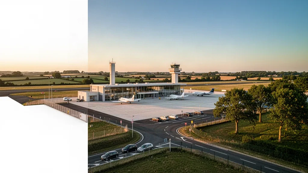 Modern terminal, control tower and runway at La Roche-sur-Yon Les Ajoncs Airport in France, lit by soft golden-hour light